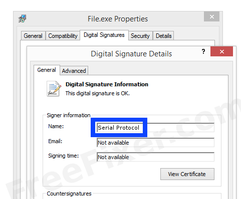 Screenshot of the Serial Protocol certificate
